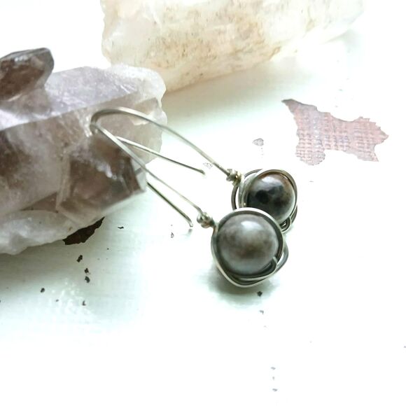 Hammered Wire Wrapped Amazonite Gemstone Dangle Earrings, 1.5" - Picture 1 of 4